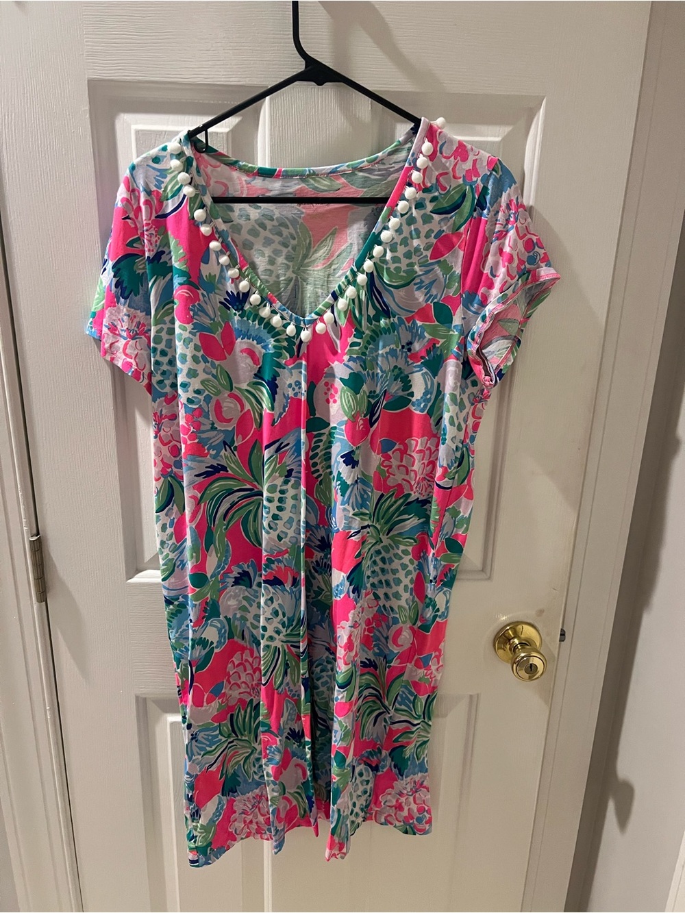 Lily Pulitzer Women’s  Pink Tropical Print One-Piece with Pom Trim